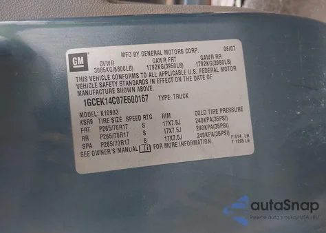 2007 Chevrolet Silverado 1500 Work Truck z USA, uszkodzony, nr VIN 1GCEK14C07E600167